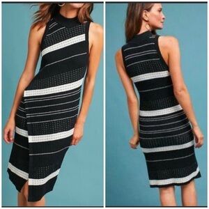 MOTH Midi Knit Dress Velda Asymmetric Stripe Mock Neck Black White Cutaway Wrap